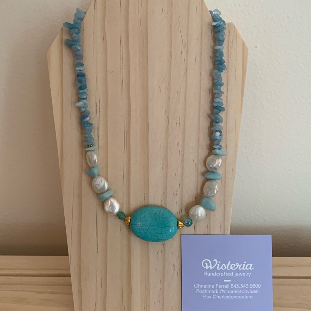 Genuine Aquamarine freshwater coin pearls, howlite, 14k gold necklace blue green